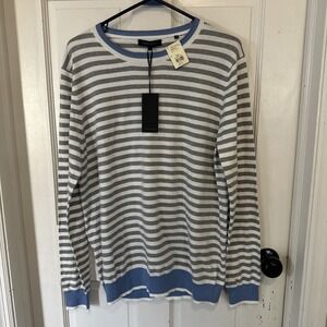 Patrick Assaraf NWT Pullover Crew Neck Sweater Large Gray White Blue Cotton Sz L